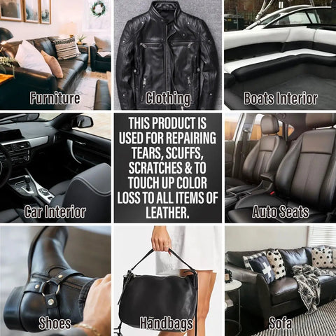 Collage showing Leather And Vinyl Repair Kit For Sofas Jackets Car Seats And Purses With Easy To Follow Instructions No Experience Needed To Match Any Color And Restore Any Material Like Bonded Italian Pleather Or Genuine Leather Surfaces applications on various items