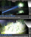 Rechargeable LED Flashlight 20,000 Lumens XHP70.2 Beam showing narrow and wide beam modes over outdoor landscape