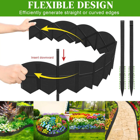 Person installing 20 Ft Black Garden Edging Border Set With 20 Stakes 7.8 Inch High Landscape Edging for neat garden borders.