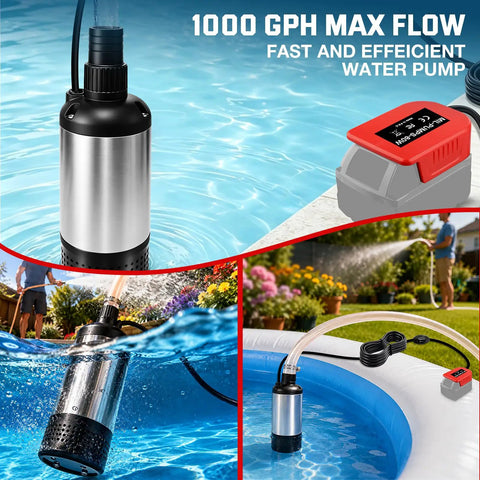 Real Deal Cordless Submersible Sump Pump Built Tough With 1000 Gph Brushless Motor, shown in pool for efficient water removal.