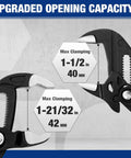 Two Piece Pliers Wrench And Groove Joint Pliers Set With Quick Adjustment, CR-V Steel Construction, showing max clamping capacity