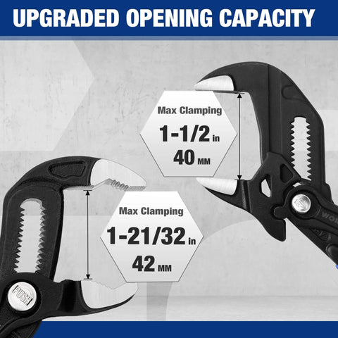 Two Piece Pliers Wrench And Groove Joint Pliers Set With Quick Adjustment, CR-V Steel Construction, showing max clamping capacity