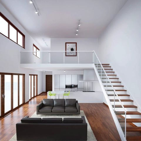 Modern living room with LED MR16 GU10 track light bulb 7W equivalent to 50W dimmable recessed lighting illuminating the space