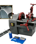 Kickass 110V Electric Pipe Threader Machine Cranks Out 1/2 To 2 Inch Npt Steel Copper Pipelines with tools and accessories visible.