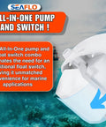 Close-up of 06 Series Automatic Submersible Bilge Pump 750 GPH 12V Three Quarter Inch Outlet Easy Install With Auto Float Switch All In One Pump Snap Off Strainer Compact Marine Boat Yacht Bilge Pump Four Year Warranty with focus on float switch, marine application in background.