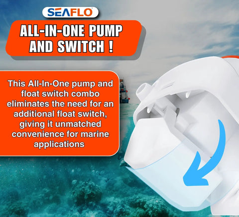 Close-up of 06 Series Automatic Submersible Bilge Pump 750 GPH 12V Three Quarter Inch Outlet Easy Install With Auto Float Switch All In One Pump Snap Off Strainer Compact Marine Boat Yacht Bilge Pump Four Year Warranty with focus on float switch, marine application in background.