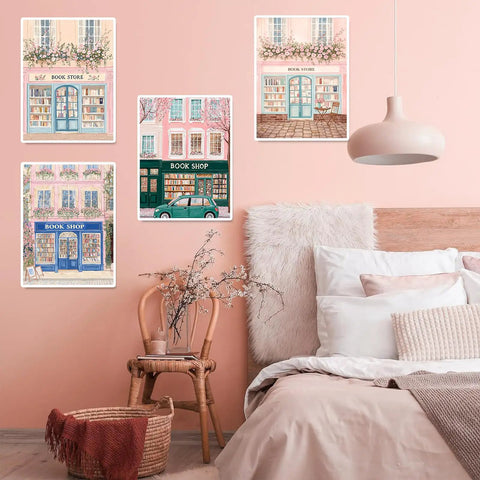 4 Pack Bookstore Diamond Art Kits For Adults, 5D Diamond Painting Sets Pink Book Shop For Beginners, decor on bedroom wall.