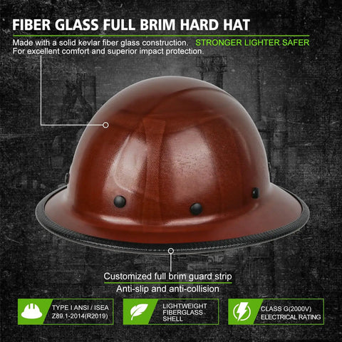 Fiberglass Full Brim Hard Hat With Brim Guard, OSHA And ANSI Rated, Lightweight Yet Sturdy Construction Helmet For Men