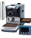 Pro Grade 1Kg Coffee Roaster For Home Cafe Or Small Biz With LCD Display, Artisan Software, 240V 2000W, Stainless Steel Hot Air Drum Roaster, NEMA 6-15 Plug, Commercial Quality Machine For Shop Or Kitchen, shown with roasted beans and control panel.