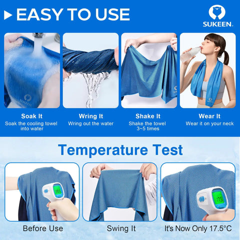 Instant Cooling Towels 4 Pack 40 By 12 Inches Hyper Evaporative Ice Towel Neck Wraps Soft Breathable Microfiber For Yoga Running Gym Workouts Camping Fitness And More Activities shown in use with soaking, wringing, shaking, and wearing steps, includes temperature test before and after use.