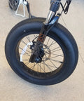 Close-up of Syvrac Aluminum Suspension Fork For 20 Inch Fat Bikes And Snow Mountain Ebikes with 4.0 tire and 60mm travel.