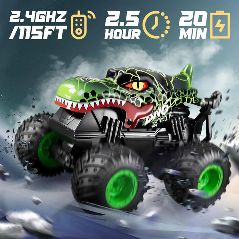 Monster Truck Remote Control Car With Lights And Music 1 To 20 Scale RC Truck for Kids Aged 4 to 7, green dinosaur design