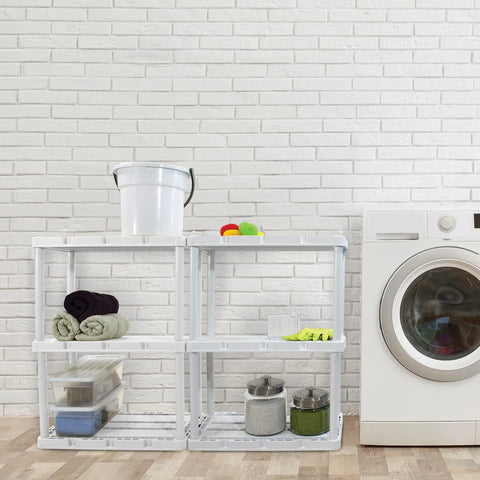 No Sweat 3 Tier Storage Shelving Units In Fresh White, 2 Pack Of Interconnectible Closet Organizers Perfect For Messy Pantries, Cluttered Garages, Laundry Rooms, Total Space Savers And Organizing Heroes