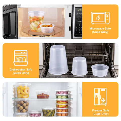 60 Count Deli Containers With Lids For Grab And Go Meals, 32 Oz 16 Oz 8 Oz Sets, 20 Each displayed in microwave, dishwasher, freezer