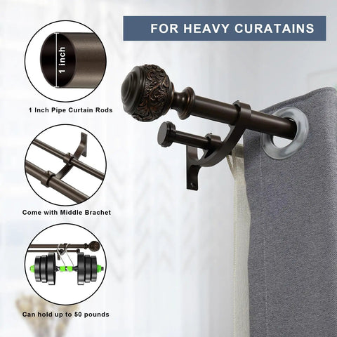 1 Inch Double Curtain Rod Telescoping Set For Windows 72 To 144 Inches, Classic Ball Finials, Premium Aluminum Brackets, Antique Bronze Finish, Heavy Duty Drapery Rod System That Holds Up To 30 Pounds
