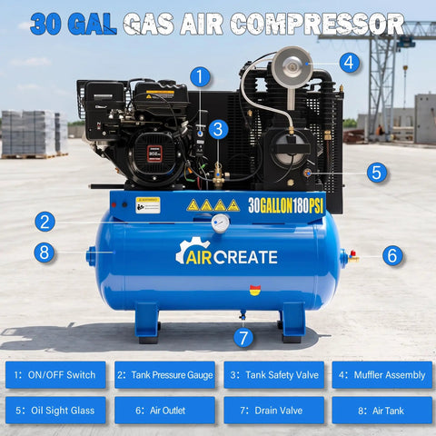 30 Gallon Gas Air Compressor With 9HP Engine And 180Psi Max Pressure Offering 22cfm Flow For Heavy Duty Jobs Electric Start 302Cc Motor Portable Design Perfect For Contractors And Auto Shops