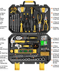 209 Piece Home And Auto Repair Tool Kit with wrench set and essential hand tools for DIYers, homeowners, and handymen, in a portable toolbox displayed open with tools neatly arranged.
