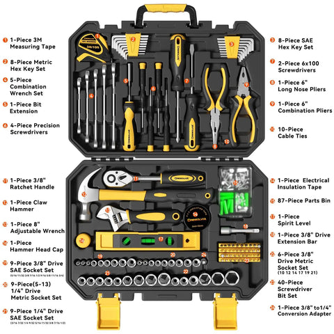 209 Piece Home And Auto Repair Tool Kit with wrench set and essential hand tools for DIYers, homeowners, and handymen, in a portable toolbox displayed open with tools neatly arranged.