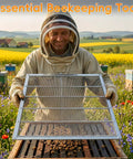 Beekeeper holding Pro Grade Heavy Duty Galvanized Queen Excluder For 10 Frame Langstroth Beehives 4 Pack in field