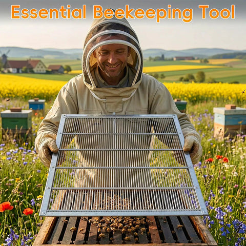 Beekeeper holding Pro Grade Heavy Duty Galvanized Queen Excluder For 10 Frame Langstroth Beehives 4 Pack in field