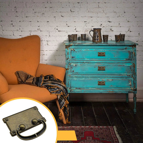 Retro Rectangle Pull Handles With Screws For Furniture Cabinet showing bronze handle on a teal dresser with brick wall backdrop.