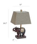 Festive Elephant Table Lamp In Brown With Gold Accent Resin Base And Brown Fabric Shade, Easy Reach Rotary Switch On Socket