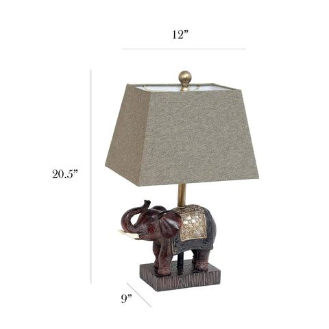 Festive Elephant Table Lamp In Brown With Gold Accent Resin Base And Brown Fabric Shade, Easy Reach Rotary Switch On Socket