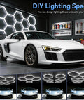 Hexagon 5000K LED Garage Lights 25 Pack Ultra Bright Ceiling Shop Light illuminating garage with sports car