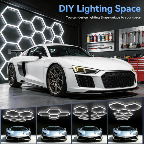 Hexagon 5000K LED Garage Lights 25 Pack Ultra Bright Ceiling Shop Light illuminating garage with sports car