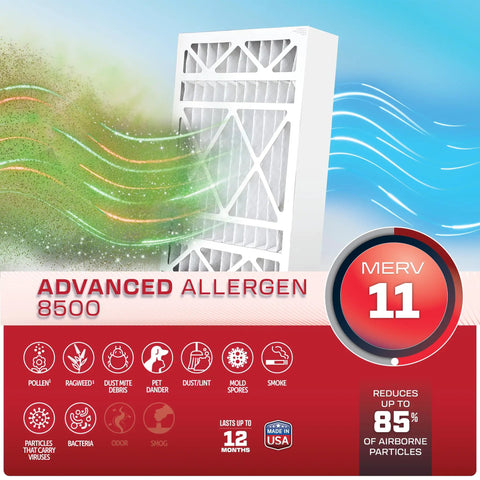 Furnace And HVAC Air Filter 16 By 25 By 4 Inches MERV 11 For Allergy Relief And Clean Air, graphic showing airflow and filtration benefits.