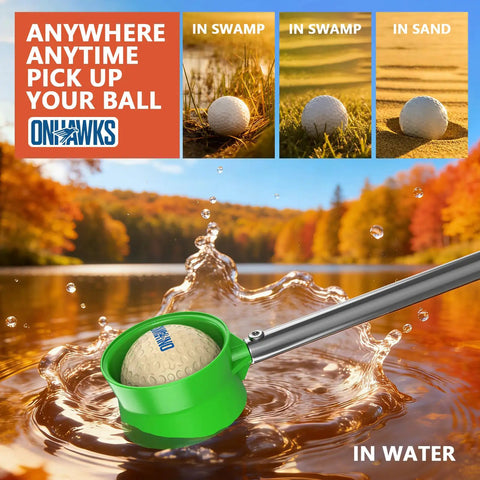 Telescopic Golf Ball Retriever 12 Foot And 9 Foot Stainless Steel Shaft With Two Sided Pickup Unbreakable Head Easy Retrieval From Water Hazards No Bending Needed Perfect Golf Accessory Gift For Men in use retrieving ball from water