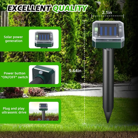 Solar Powered Ultrasonic Mole And Pest Deterrent For Outdoor Gardens, Waterproof Yard Repeller with size dimensions marked