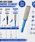 Third-Gen 35mm Diamond Segment with hex shank for drill and grind use, showcasing longer diamond coating and capabilities.