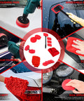All In One 35 Piece Car Detailing Kit With Windshield Tool Long Wheel Brush Two Angled Brushes Four Polishing Pads And Four Wax Pads Red Tool Box Perfect Gift For Men Who Love DIY Auto Cleaning And Detailing, showcasing tools and accessories in use.