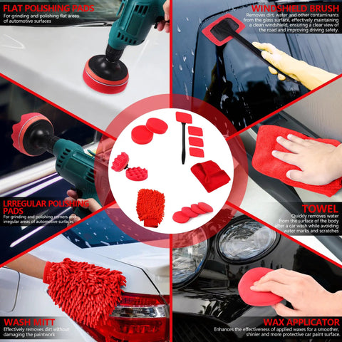 All In One 35 Piece Car Detailing Kit With Windshield Tool Long Wheel Brush Two Angled Brushes Four Polishing Pads And Four Wax Pads Red Tool Box Perfect Gift For Men Who Love DIY Auto Cleaning And Detailing, showcasing tools and accessories in use.