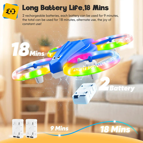 Image of blue Kids Drone with Cool LED Lights and Easy Fly Controls, shown hovering indoors with a battery beside it indicating 18 mins flight.