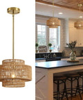 Downright Stunning Handwoven Rattan Pendant Light That Definitely Gives A Super Chill Boho Vibe And Lets Smooth Ambient Lighting Warm Up Your Cozy Kitchen Island in a modern kitchen.