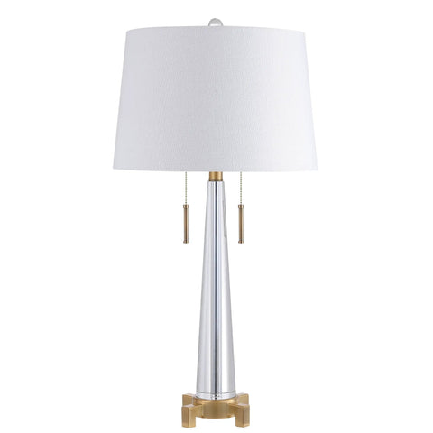 Crystal LED Table Lamp In Clear And Brass Gold Finish, 29.5 Inch Two Light Contemporary Glam Bedside Lamp With White Linen Drum Shade, Pull Chain, Energy Saving Bulbs Included, Perfect Living Room Accent
