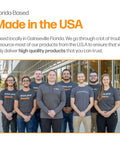 Group of employees outside company building with 'Made in the USA' text, highlighting local manufacturing in Gainesville, Florida.