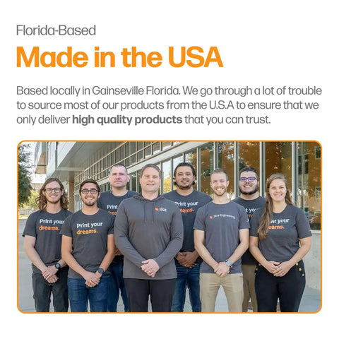 Group of employees outside company building with 'Made in the USA' text, highlighting local manufacturing in Gainesville, Florida.