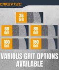 Various grit options including 36, 60, 80, 100, and 150 displayed for grinding wheels by POWERTEC.