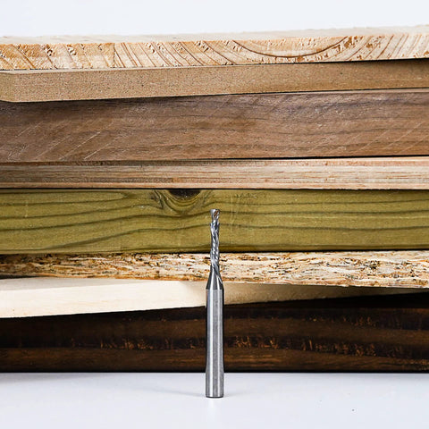 SpeTool Up&Down compression router bit, 1/8 inch cutting dia, 1/4 inch shank, solid carbide, close-up view