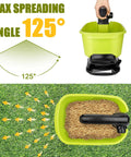18V Battery Powered Grass Seed And Salt Spreader For Ryobi Tools with 125° max spreading angle, shown spreading seeds on lawn