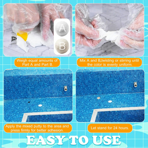 Pool Putty 12oz 2 Part Epoxy Putty Clay for Underwater and Above Water Leak Repair, shown in mixing and application process steps.