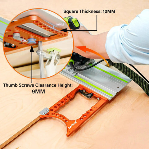 Heavy Duty Track Saw Square Delivering Dead On 90 Degree Guide Rail Alignment Quick Lock Mechanism Extra Thick Anodized Aluminum Body shown with thumb screws on 10mm thick square.