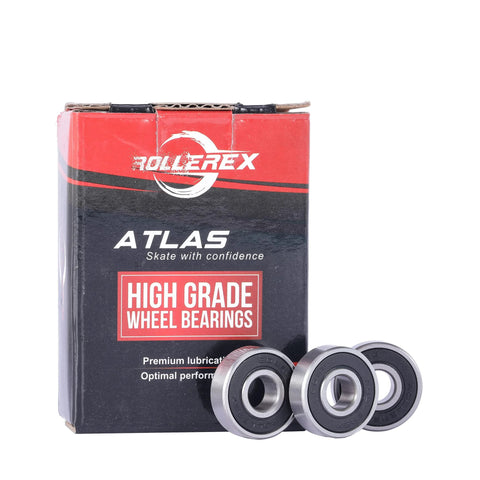 Front view of Rollerex Atlas skate bearings 608-2RS, carbon steel, pre-lubricated, three bearings