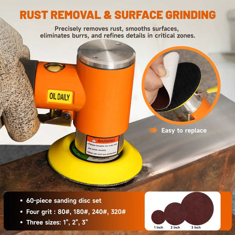 Beast Mini Random Orbital Air Sander Kit 1 2 3 Inch for metal rust removal, showing sanding pad and disc replacement detail.