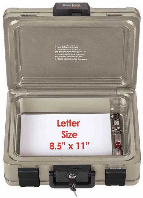 SureSeal Fire Safe With Key Lock UL Rated 30 Minute Fire Protection 1 Meter Waterproof For 48 Hours Portable Home Safe For Documents And Valuables Taupe Metal Chest With Lockable Security 6.5 x 15.9 x 12.4 Inches