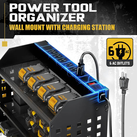 Power Tool Organizer With Built In Charging Station Six Outlets And Three Layer Wall Mounted Drill Storage Rack