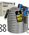 100 Ft Stainless Steel Garden Hose No Kinks And Leak Proof Flexible Water Hose With Upgraded Handle 10 Function Spray Nozzle And 4 Spare Gaskets For Yard RV Pet Bath in box with nozzle and gaskets